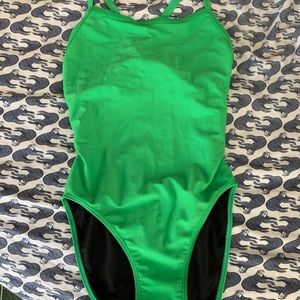 Green athletic swim suit.